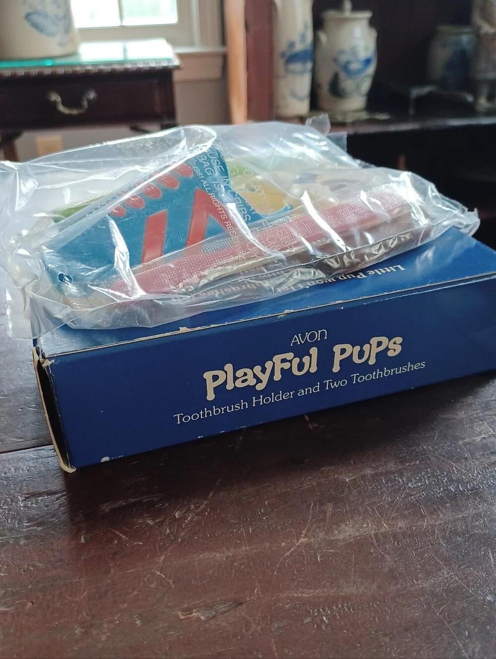 NIB Vintage 80s Avon Playful Pups complete unopened toothbrush holder set
